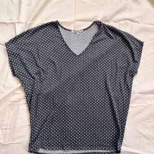 Size small, Green Envelope brand shirt, gray with white polka dots